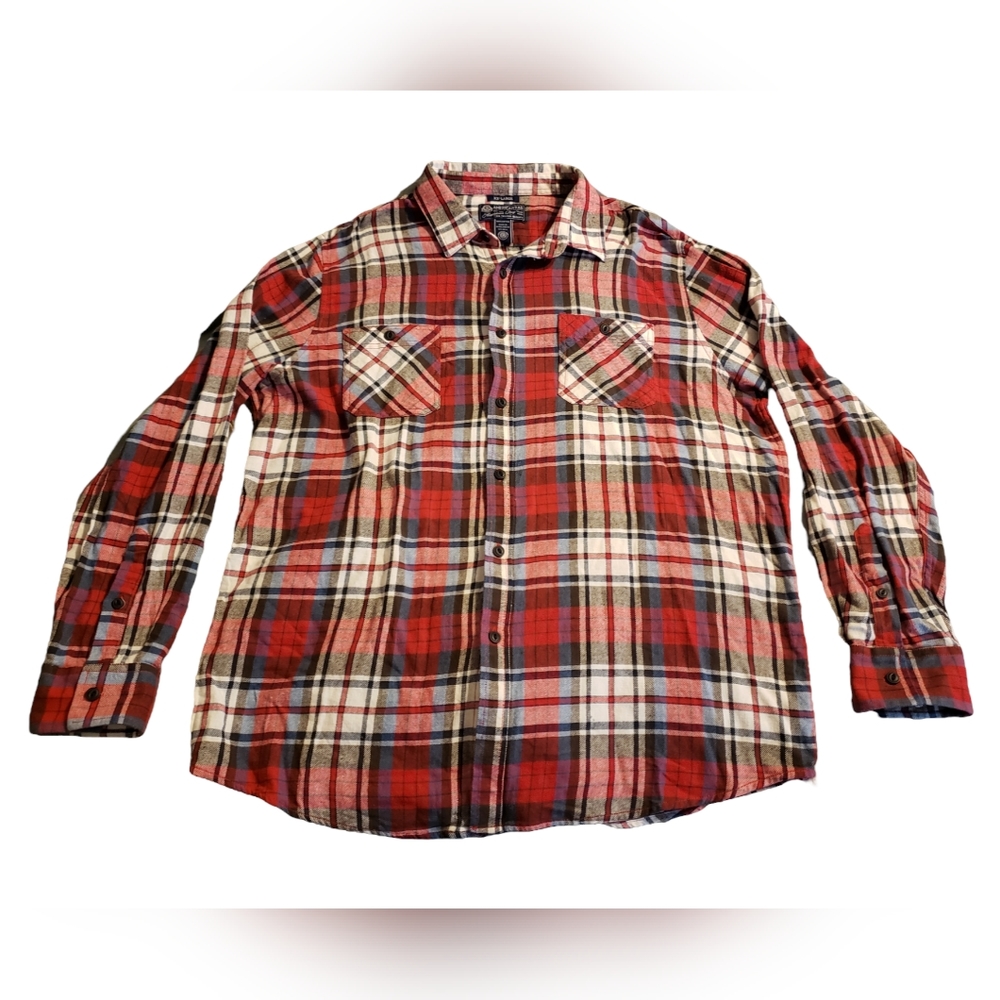 American Rag CIE Flannel Men XXL Cotton Red Blue White Plaid Button Up Shirt